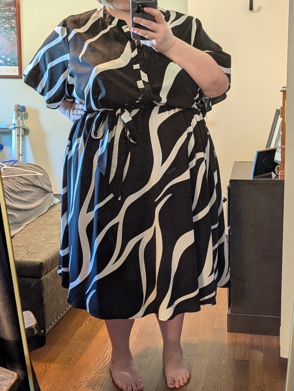 BloomChic Black & White Abstract Midi Tie-Waist Dress